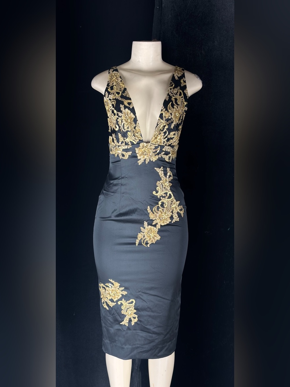 Black Midi Dress with Gold Embroidery - Deep V Neck